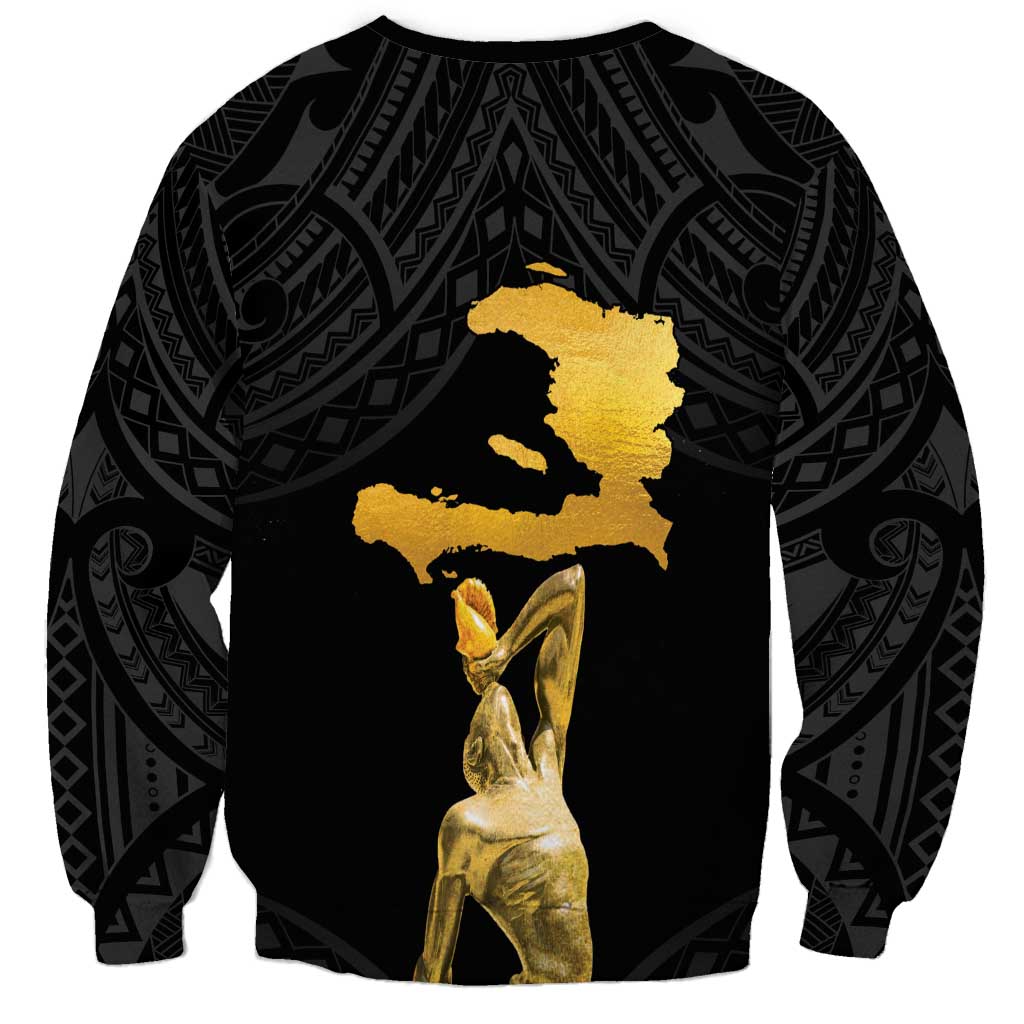 Black unisex sweatshirt with dark pattern and large gold map and statue graphic, crew neck.