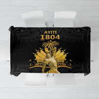 Black tablecloth with gold and brown Polynesian-style pattern and central figure