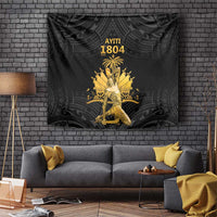 Black tapestry with gold 1804 center figure and Polynesian-style motifs