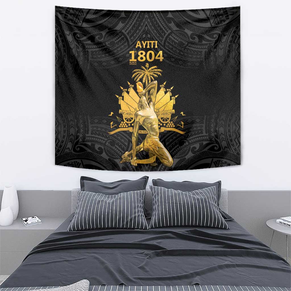 Black tapestry with gold 1804 text, palm emblem, and ornate Polynesian pattern