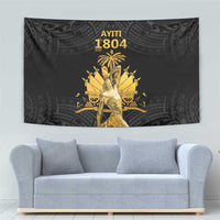 Black tapestry with gold 1804 emblem and ornate Polynesian scrollwork