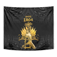 Black tapestry with gold 1804 text and central gold figure with palm