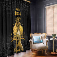 Black and gold window curtain panels with tall figure motif, styled in a living room