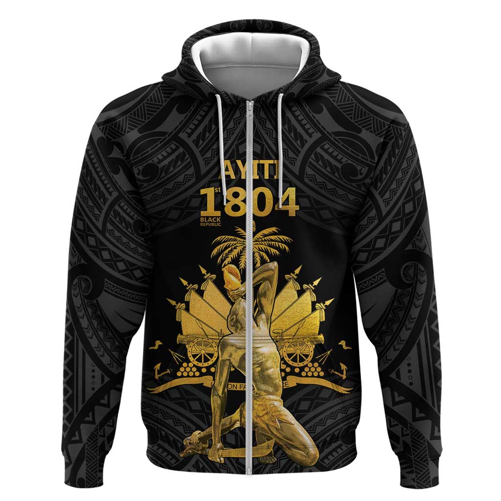 Haitian Negre Marron 1804 Zip Hoodie Black Polynesian Pattern - Wonder Print Shop