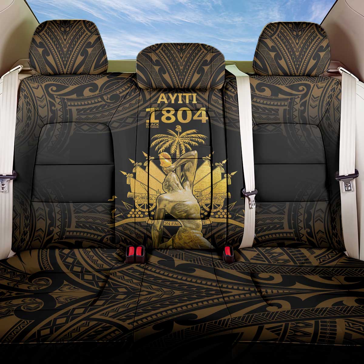 Haitian Negre Marron 1804 Back Car Seat Cover Gold Polynesian Pattern LT9 - Wonder Print Shop