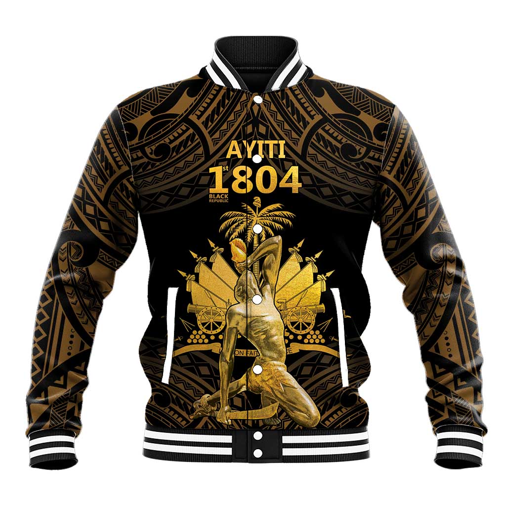 Gold-and-black baseball jacket with polynesian pattern, front graphic and striped rib collar.