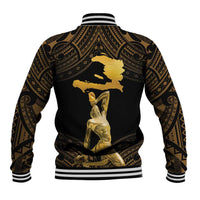 Gold-and-black baseball jacket with polynesian pattern and gold back figure graphic.