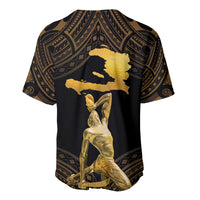 Black and gold baseball jersey with Polynesian pattern and large gold Haiti map graphic