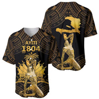 Black and gold baseball jerseys, front and back, with Polynesian pattern and gold figures