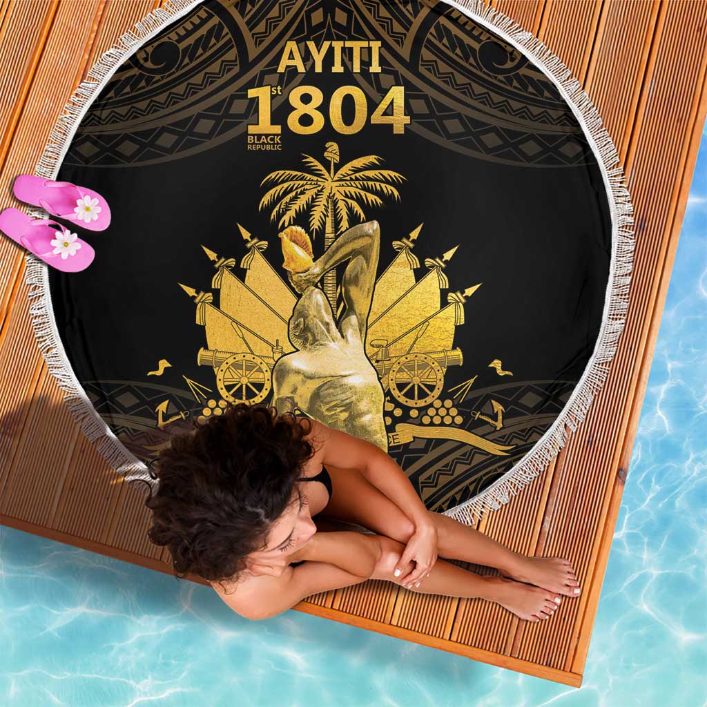 Round beach blanket with fringed edge, black and gold graphic center design