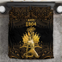 Black duvet cover bedding set with two gold-pattern pillow shams and central figure design.