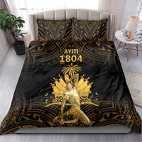 Black and gold Polynesian-style bedding set with duvet cover and two matching pillow shams.