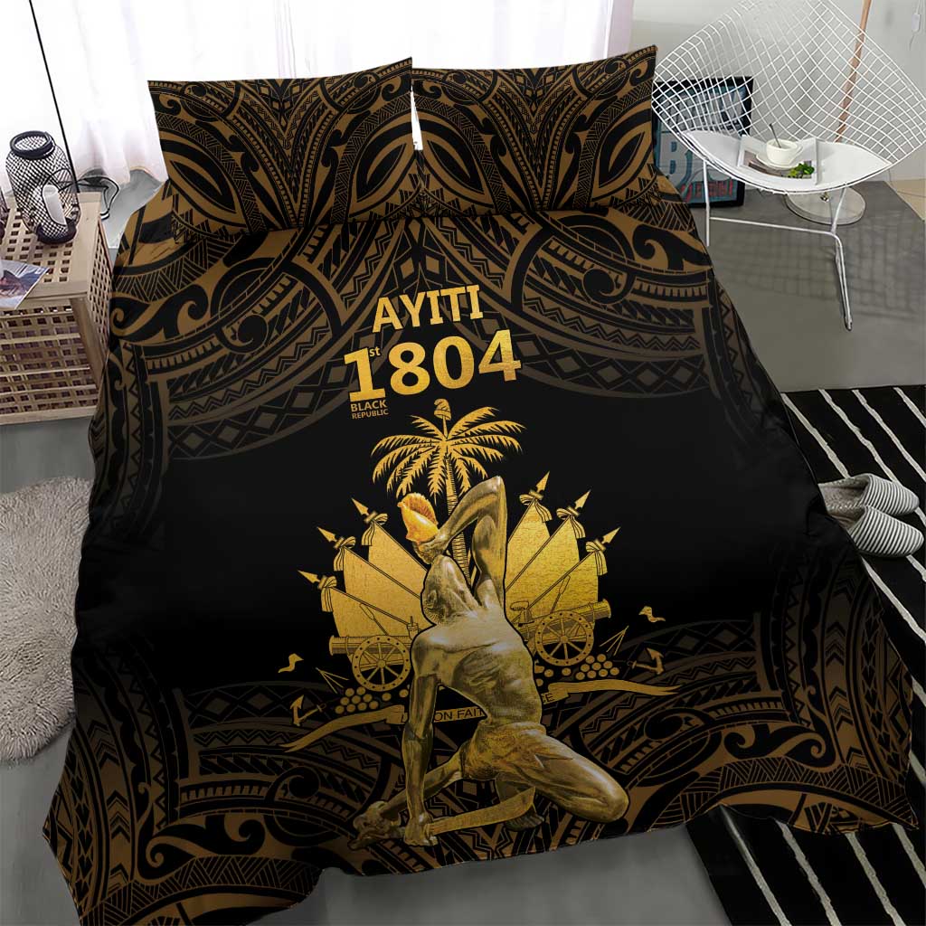 Black duvet cover bedding set with two pillow shams featuring gold crown and palm motif.