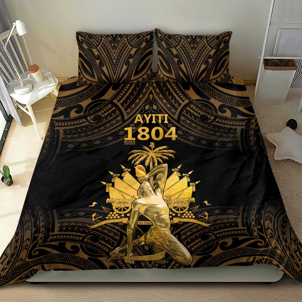 Black bedding set with gold ornamental pattern, duvet cover, and two matching pillow shams.