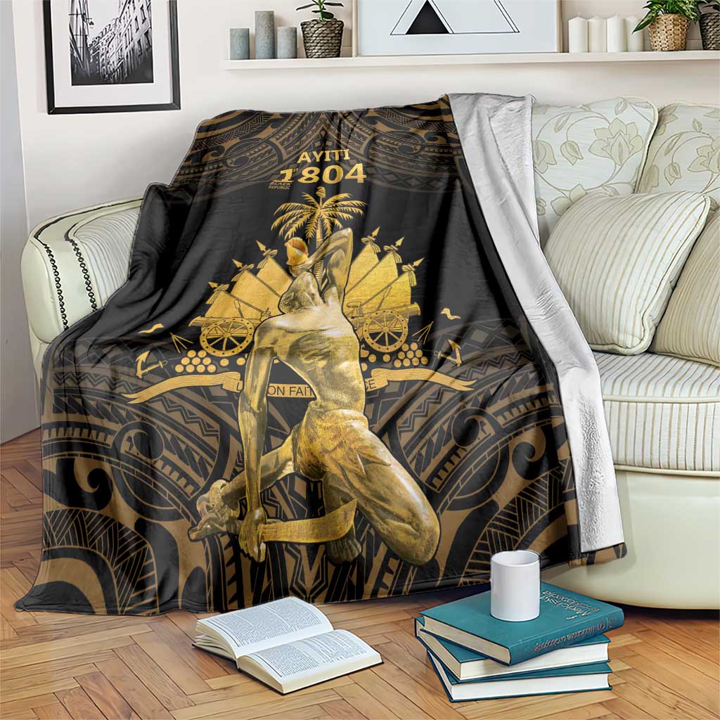 Black and gold Polynesian pattern blanket with 'AYITI 1804' graphic on sofa