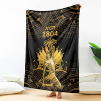 Black and gold Polynesian pattern blanket with centered 'AYITI 1804' design