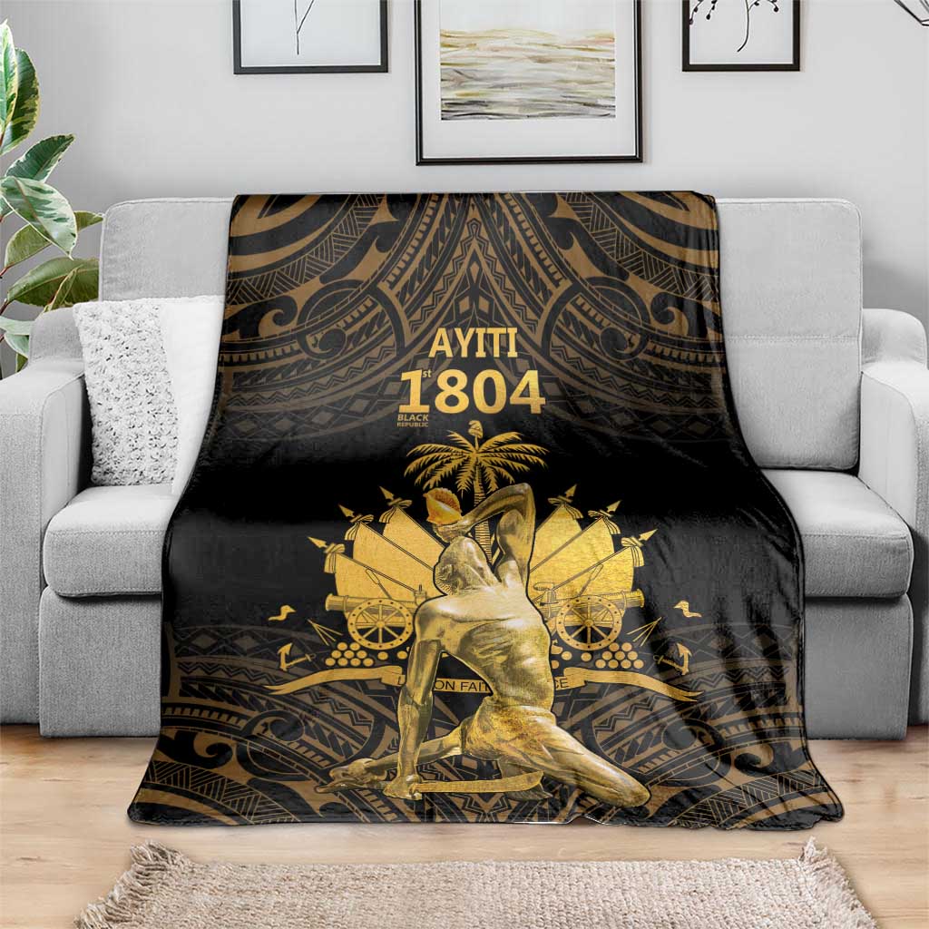 Black and gold Polynesian pattern blanket featuring 'AYITI 1804' and a gold portrait