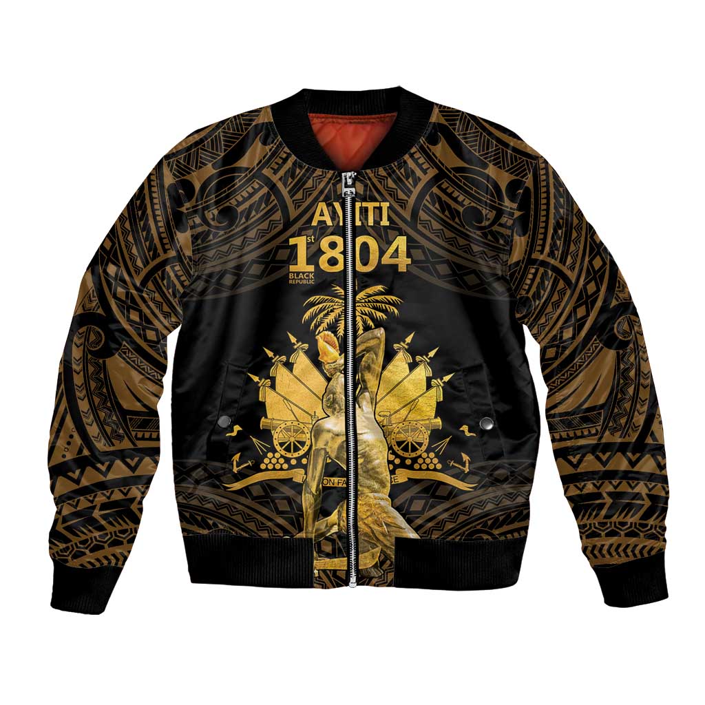 Black unisex bomber jacket with gold Polynesian pattern and zip front, 1804 graphic