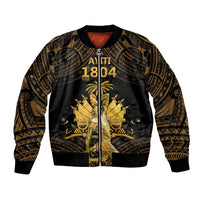 Black unisex bomber jacket with gold Polynesian pattern and zip front, 1804 graphic