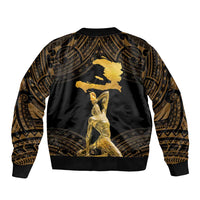 Black unisex bomber jacket with gold Polynesian pattern and central map graphic