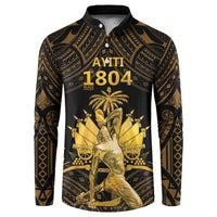 Men's button-front sweatshirt, black with gold Polynesian pattern and front graphic