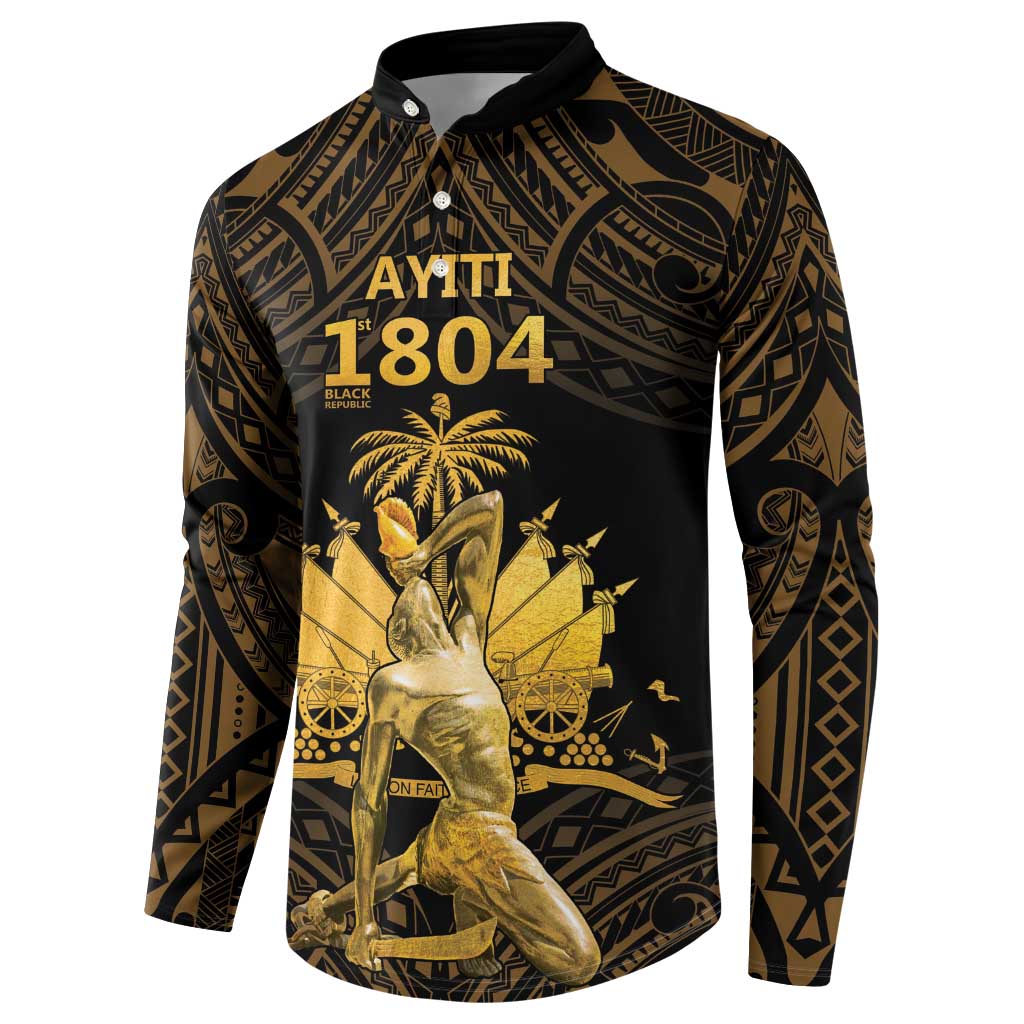 Men's button-front sweatshirt, black with gold 'Ayiti 1804' front graphic and pattern