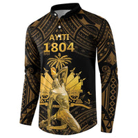 Men's button-front sweatshirt, black with gold 'Ayiti 1804' front graphic and pattern