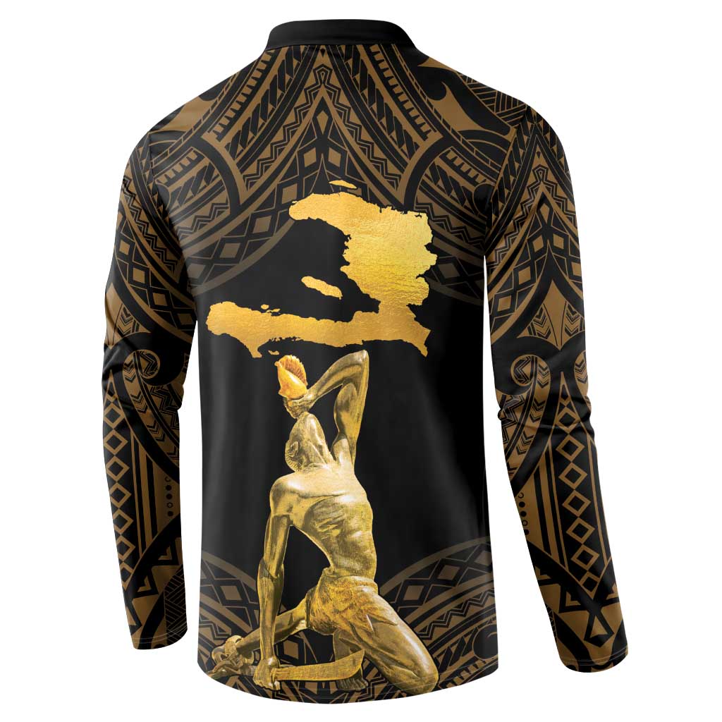 Men's button-front sweatshirt back, black with gold island silhouette and figure graphic