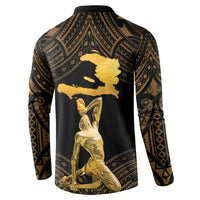 Men's button-front sweatshirt back, black with gold island silhouette and figure graphic