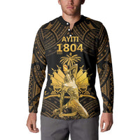 Men's button-front sweatshirt worn, black with gold 'Ayiti 1804' front graphic
