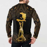 Men's button-front sweatshirt back view, black with gold island silhouette and figure graphic