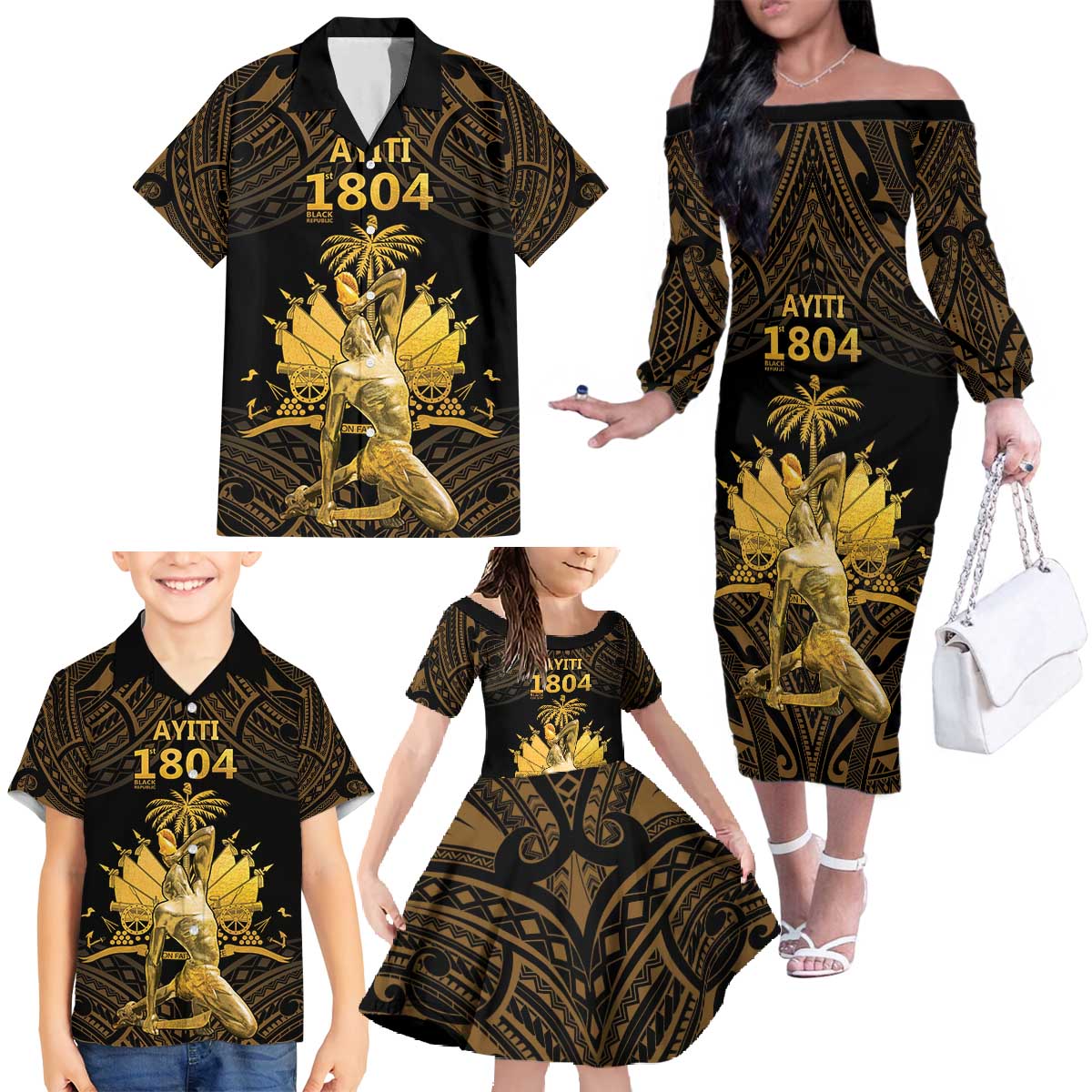 Haitian Negre Marron 1804 Family Matching Off The Shoulder Long Sleeve Dress and Hawaiian Shirt Gold Polynesian Pattern - Wonder Print Shop