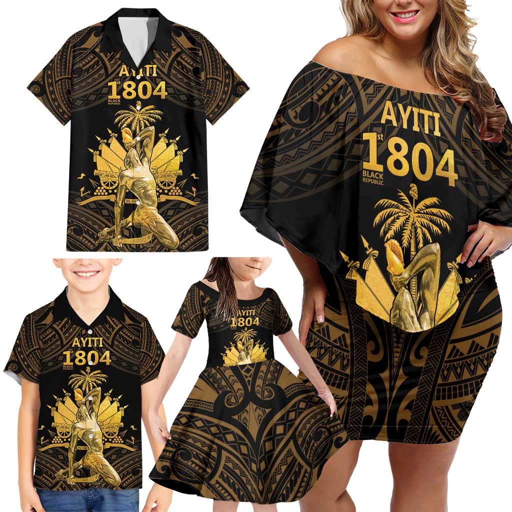 Haitian Negre Marron 1804 Family Matching Off Shoulder Short Dress and Hawaiian Shirt Gold Polynesian Pattern LT9 - Wonder Print Shop