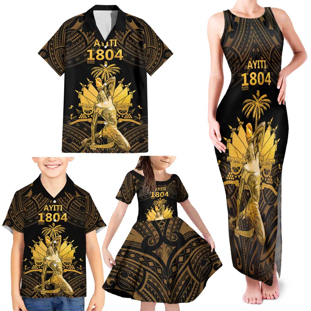 Haitian Negre Marron 1804 Family Matching Tank Maxi Dress and Hawaiian Shirt Gold Polynesian Pattern - Wonder Print Shop