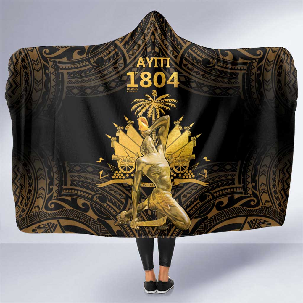 Haitian Negre Marron 1804 Hooded Blanket Gold Polynesian Pattern