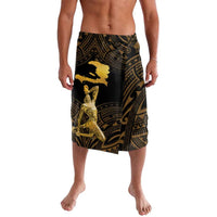 Men's knee-length wrap shorts, black with gold Polynesian print