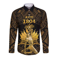 Unisex long-sleeve button shirt with gold polynesian-style pattern and front graphic