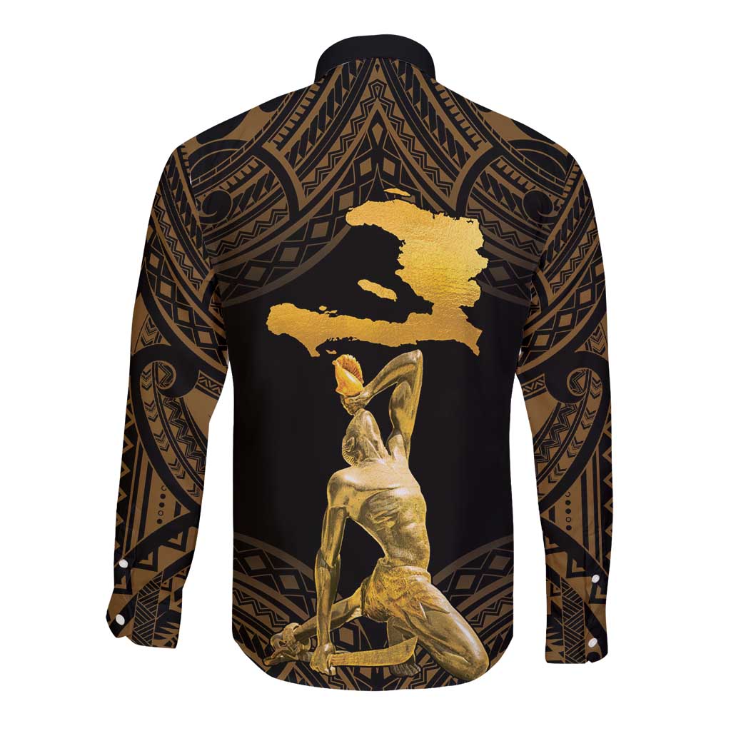 Unisex long-sleeve button shirt with gold polynesian pattern and back graphic