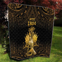 Black quilt with gold horse-and-palm graphic and AVITI 1804, angled outdoor view