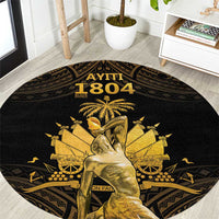 Round black rug with gold Polynesian-style pattern, central figure, AYITI 1804 text