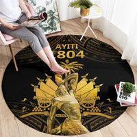 Round black rug with gold Polynesian pattern and central figure, AYITI 1804 text