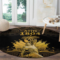 Round black rug with gold Polynesian pattern and central figure, AYITI 1804 text