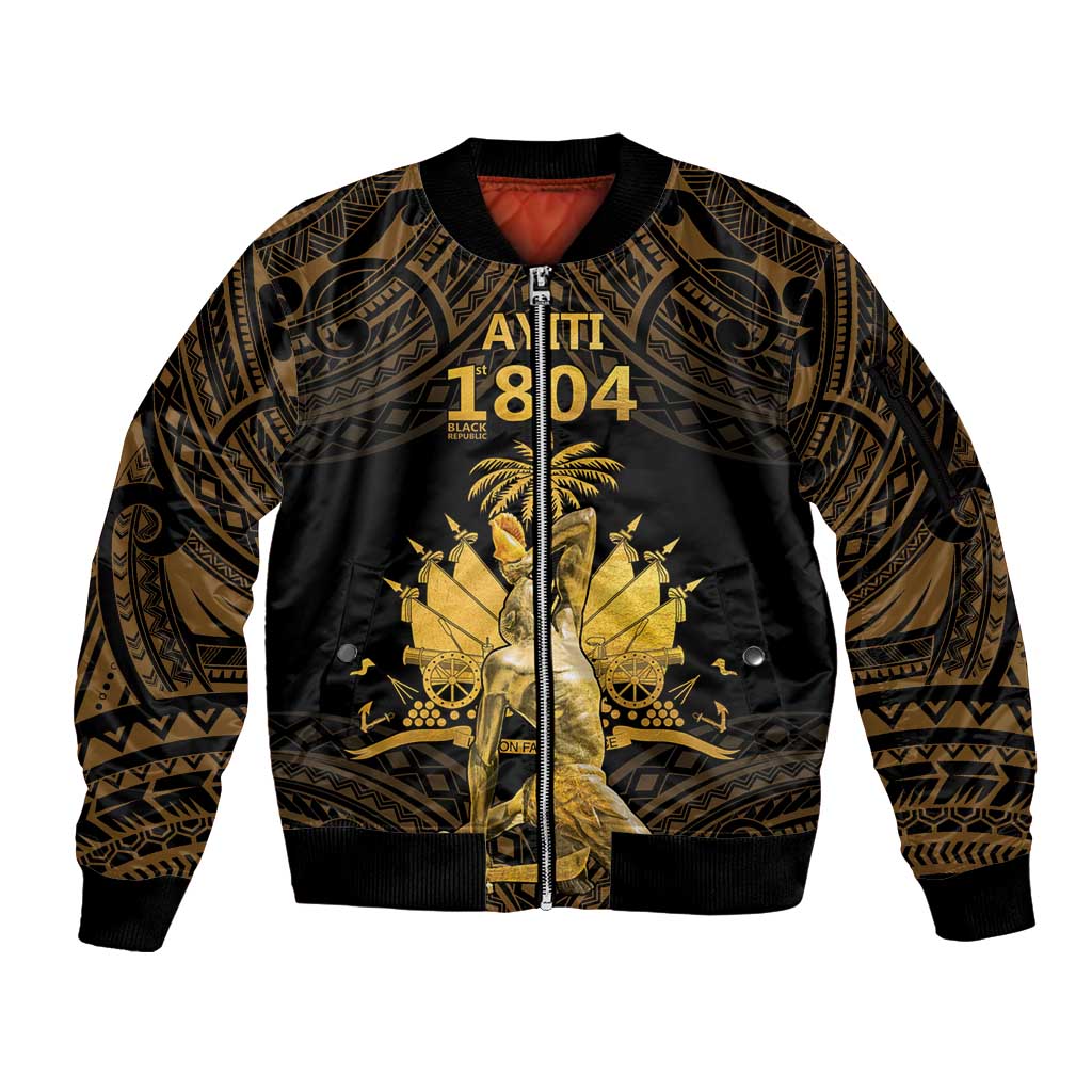 Haitian Negre Marron 1804 Sleeve Zip Bomber Jacket Gold Polynesian Pattern - Wonder Print Shop