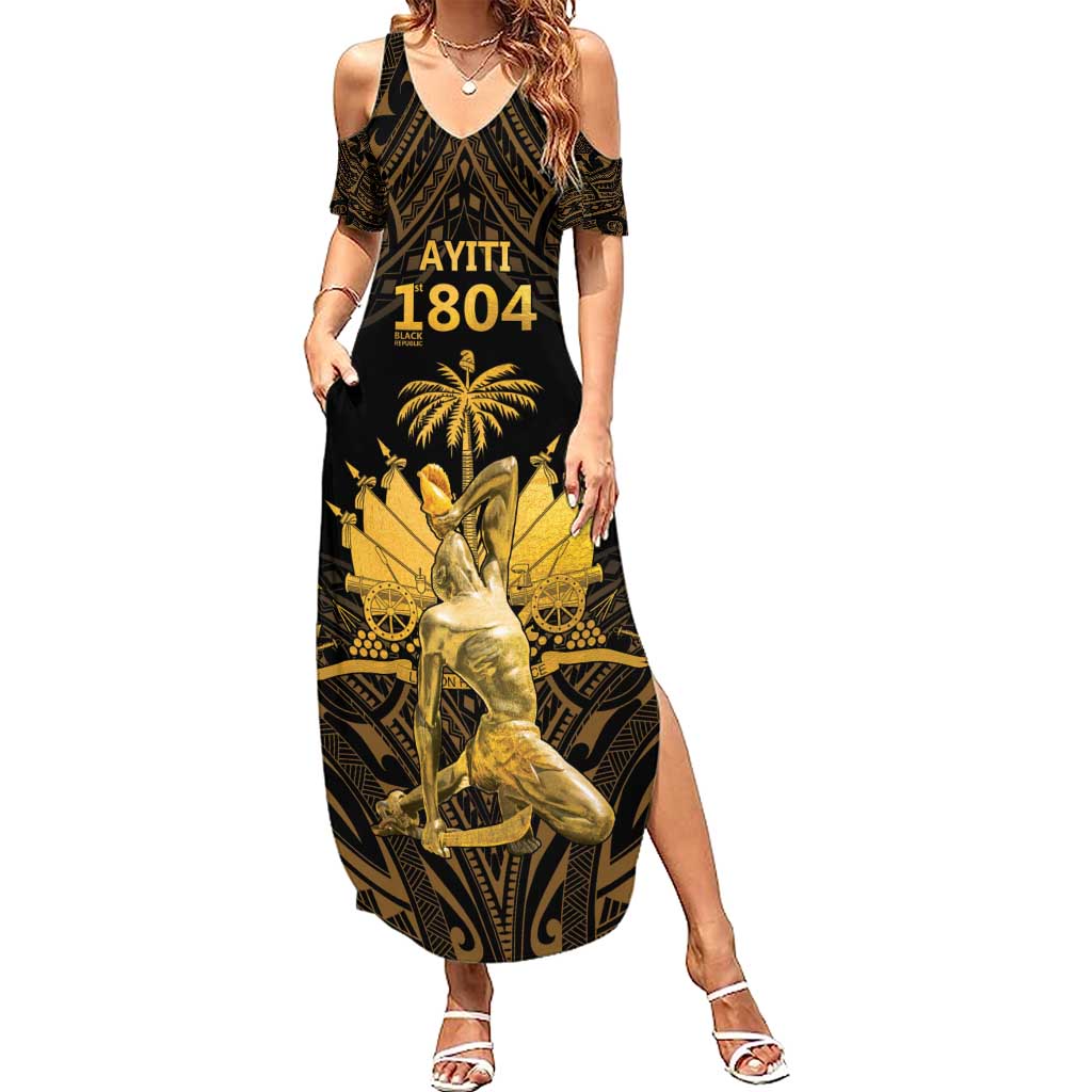 Cold-shoulder maxi dress with gold Polynesian-style graphic print, V-neck, side slit