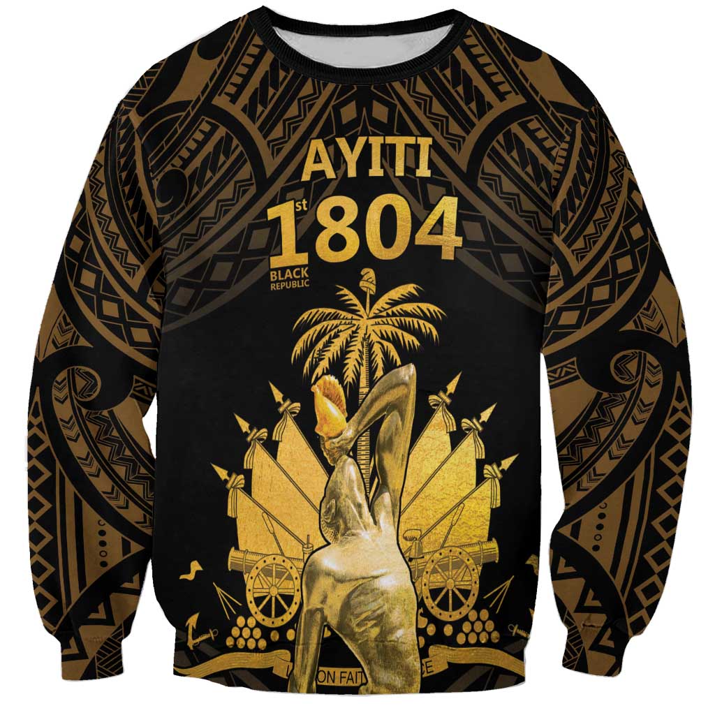 Unisex sweatshirt with black-and-gold front graphic, 'AYITI 1804' and animals