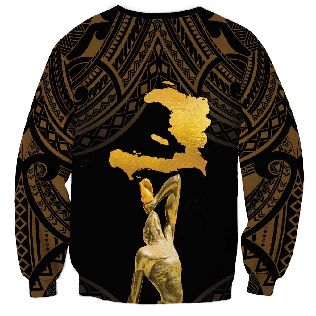 Unisex sweatshirt with black-and-gold back graphic of Haiti map and stylized figure