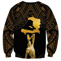 Unisex sweatshirt with black-and-gold back graphic of Haiti map and stylized figure