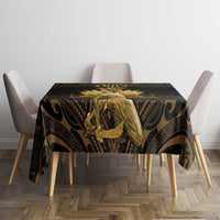 Square dining tablecloth, black with gold Polynesian pattern and central emblem