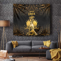 Gold and dark tapestry wall hanging with Ayiti 1804 text and Polynesian-style figure