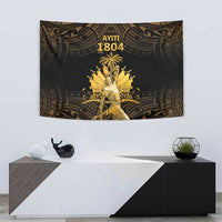 Gold-and-dark Polynesian tapestry wall hanging with Ayiti 1804 and central seated figure